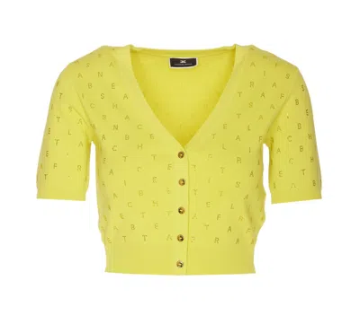 Shop Elisabetta Franchi Cedar Cropped Cardigan With Rhinestones In Yellow