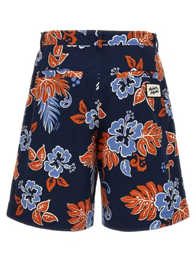 Shop Maison Kitsuné Blue Bermuda Shorts With Floral Print In Cotton Man In Multicolor