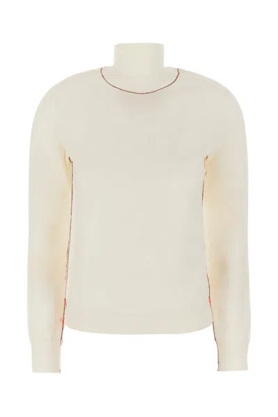 Maison Margiela White High Neck Sweater With Contrasting Stitching In Wool Woman In White