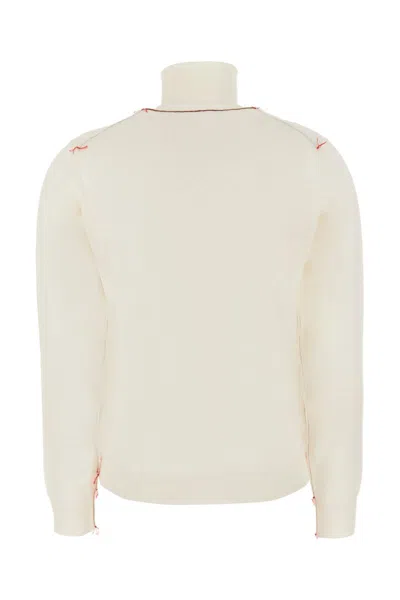 Maison Margiela White High Neck Sweater With Contrasting Stitching In Wool Woman In White