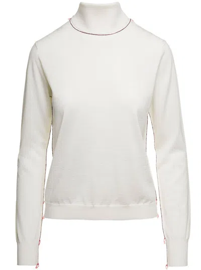 Maison Margiela White High Neck Sweater With Contrasting Stitching In Wool Woman In White