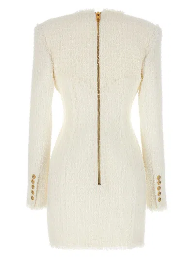 Shop Balmain Mini White Dress With V Neckline And Jewel Buttons In Tweed Woman