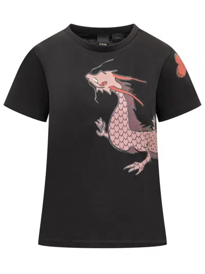Shop Pinko 'quentin' Black T-shirt With Dragon Print In Cotton Woman