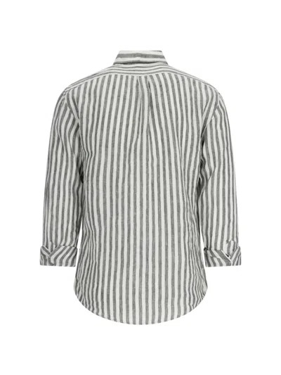 Shop Polo Ralph Lauren Linen Shirt With Striped Pattern In Bianco E Grigio