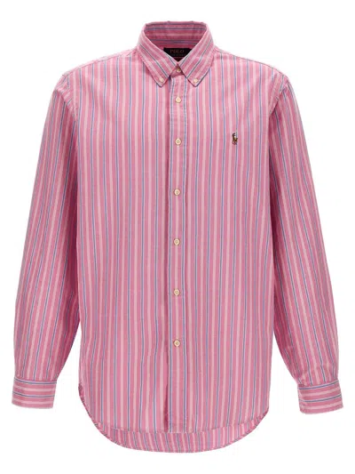 Shop Polo Ralph Lauren Cotton Shirt With Striped Pattern And Logo In Pink