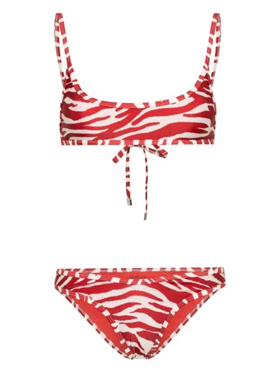 Shop Attico The  Zebra Print Bikini Set In Red/neutrals