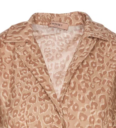 Shop Twinset Cotton Midi Chemisier Dress With Leopard Print In Beige