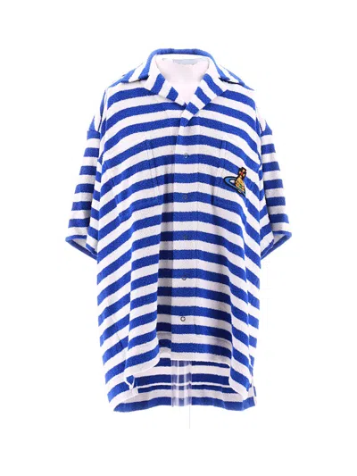 Shop Vivienne Westwood Striped Knit Camp Shirt In White/blue