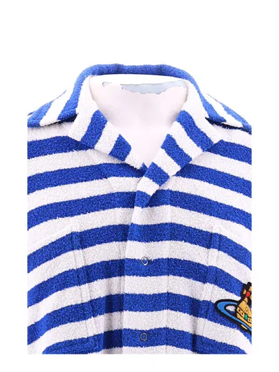 Shop Vivienne Westwood Striped Knit Camp Shirt In White/blue
