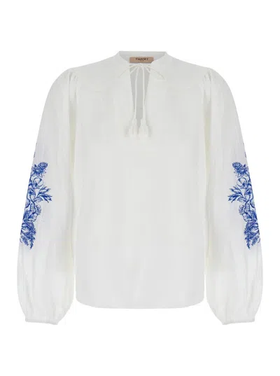 Shop Twinset White Blouse With Drawstring And Floreal Embroideries In Linen Woman