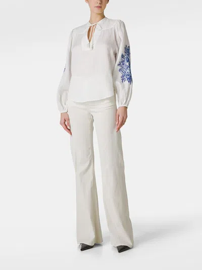 Shop Twinset White Blouse With Drawstring And Floreal Embroideries In Linen Woman