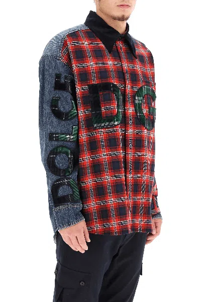 Shop Dolce & Gabbana Oversized Denim And Flannel Shirt With Logo In 红色的