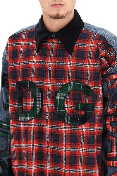 Shop Dolce & Gabbana Oversized Denim And Flannel Shirt With Logo In 红色的