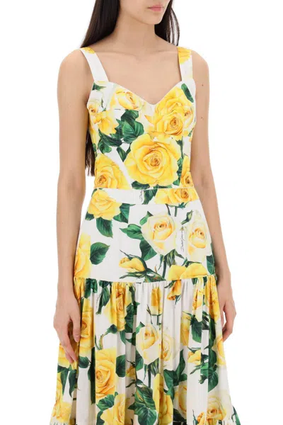 Shop Dolce & Gabbana Cotton Bustier Top With Yellow Rose Print In 绿色的