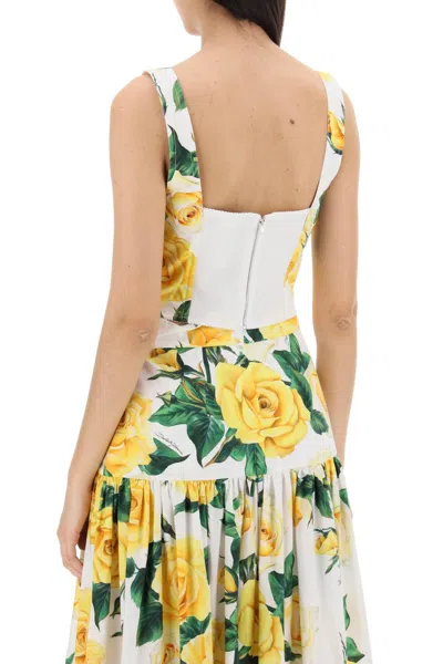 Shop Dolce & Gabbana Cotton Bustier Top With Yellow Rose Print In 绿色的