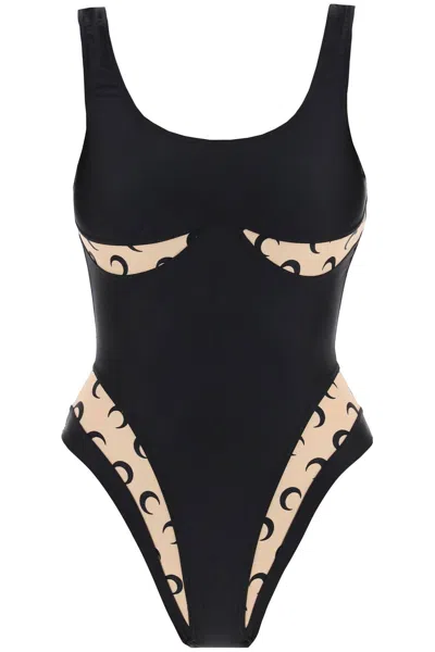 Shop Marine Serre One Piece Swimsuit With All Over Moon Inserts In 黑色的