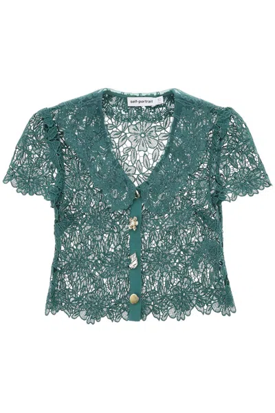 Shop Self-portrait Self Portrait "chelsea Lace Guipure Top With Collar In Green