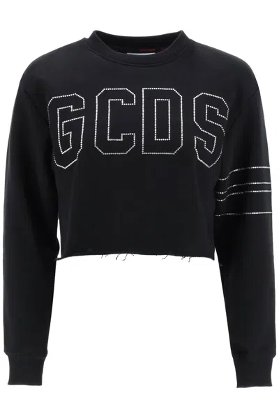Shop Gcds Cropped Sweatshirt With Rhinestone Logo In 黑色的
