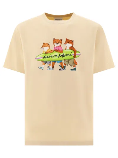 Shop Maison Kitsuné "surfing Foxes" T Shirt In Beige