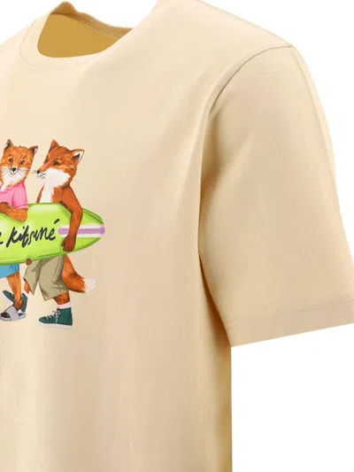Shop Maison Kitsuné "surfing Foxes" T Shirt In Beige