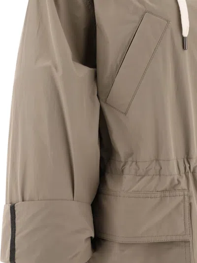 Shop Brunello Cucinelli Water Resistant Taffeta Hooded Outerwear Jacket With Monili In Beige