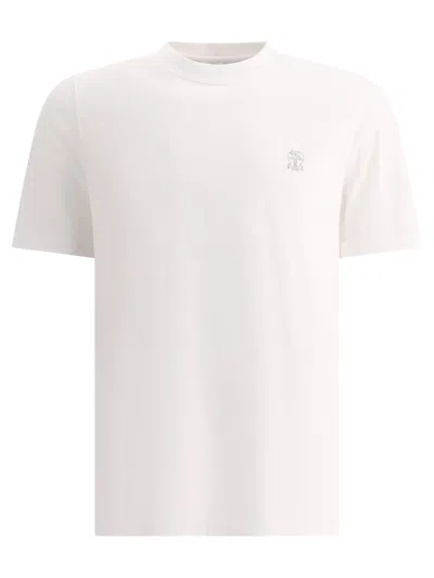 Shop Brunello Cucinelli Cotton Jersey Crew Neck T Shirt With Printed Logo In 白色的