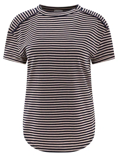 Shop Brunello Cucinelli Striped Jersey T Shirt With Monili In Blue