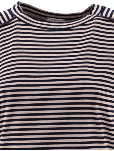 Shop Brunello Cucinelli Striped Jersey T Shirt With Monili In Blue