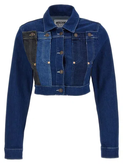Shop Mo5ch1no Jeans Cropped Denim Jacket In Blue