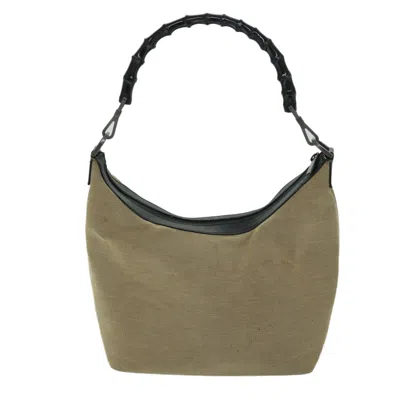 Shop Gucci Bamboo Beige Canvas Shoulder Bag ()