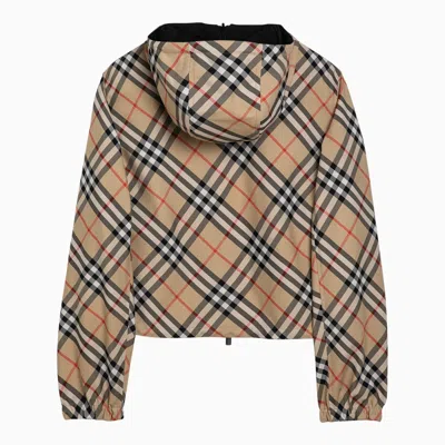 Shop Burberry Reversible Sand Coloured Cropped Jacket With Check Pattern