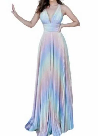 Shop Jovani Pleated V-neck Gown In Multi