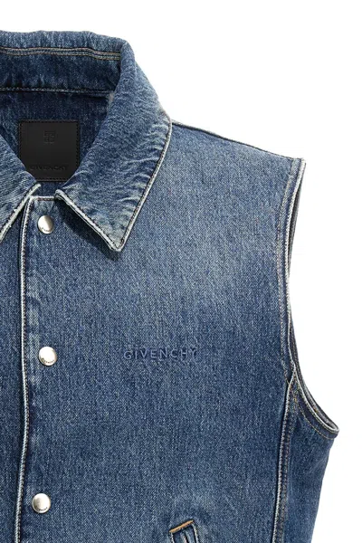 Shop Givenchy Men Logo Embroidery Denim Vest In Blue