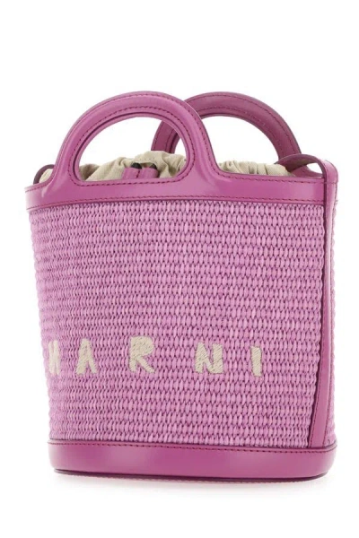 Shop Marni Woman Lilac Leather And Raffia Tropicalia Bucket Bag In Purple