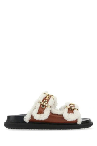 Shop Marni Woman Two-tone Leather And Shearling Fussbett Slippers In Multicolor