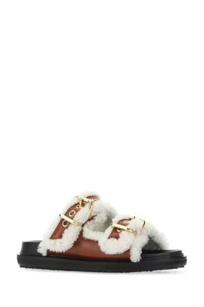 Shop Marni Woman Two-tone Leather And Shearling Fussbett Slippers In Multicolor