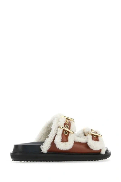 Shop Marni Woman Two-tone Leather And Shearling Fussbett Slippers In Multicolor