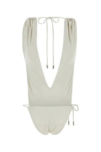 Shop Saint Laurent Woman Chalk Stretch Nylon Swimsuit In White