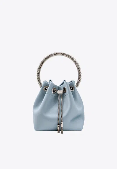 Shop Jimmy Choo Bon Bon Crystals-embellished Satin Bucket Bag In Blue