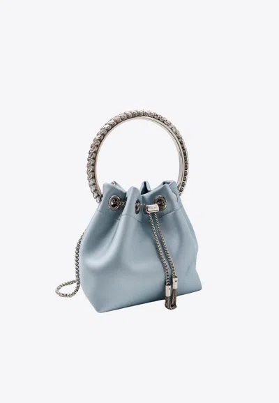 Shop Jimmy Choo Bon Bon Crystals-embellished Satin Bucket Bag In Blue