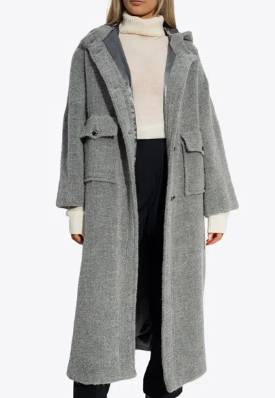 Shop Emporio Armani Button-down Wool Coat With Hood In Gray