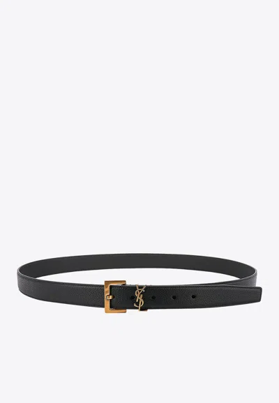 Shop Saint Laurent Cassandre Calf Leather Belt In Black