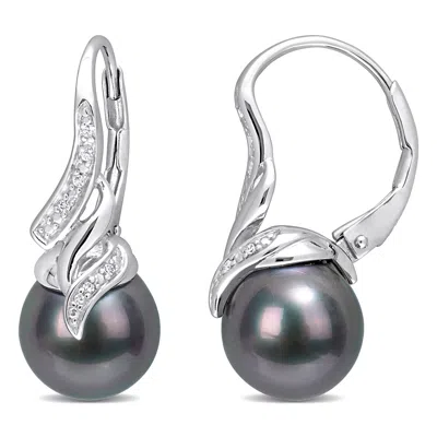 Mimi & Max 9-9.5mm Black Tahitian Pearl And Diamond Twist Leverback Drop Earrings In Sterling Silver In Black