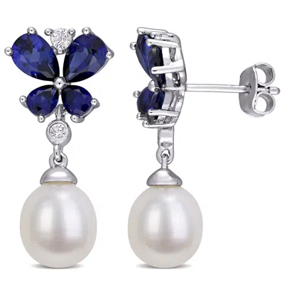 Mimi & Max 8-8.5mm Cultured Freshwater Pearl Created Blue & White Sapphire Butterfly Earrings In Sterling Silve In Blue