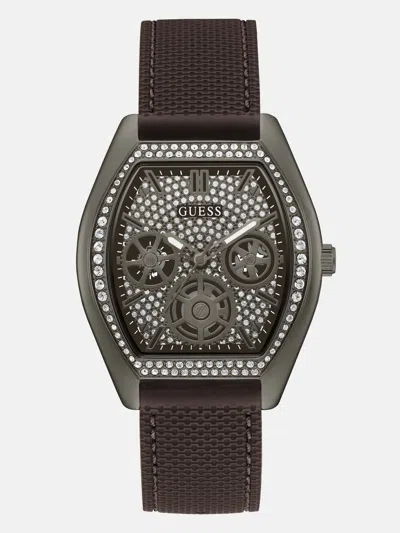 Shop Guess Factory Dark Silver-tone And Brown Silicone Analog Watch In Multi