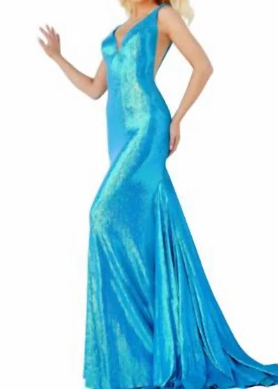 Jovani Sheer Sides Sequin Dress In Iridescent Royal In Blue