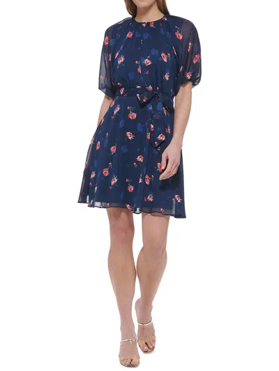 Shop Dkny Womens Knee Length Tie Waist Fit & Flare Dress In Blue