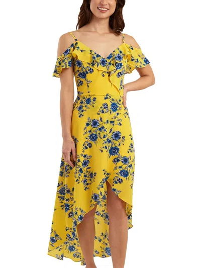 Shop Bcx Juniors Womens Floral Print Hi-low Maxi Dress In Yellow