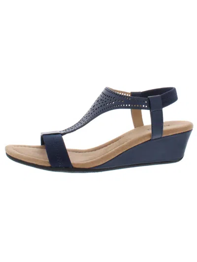 Shop Alfani Vacanzaa 2 Womens Faux Leather T-strap Wedge Sandals In Blue