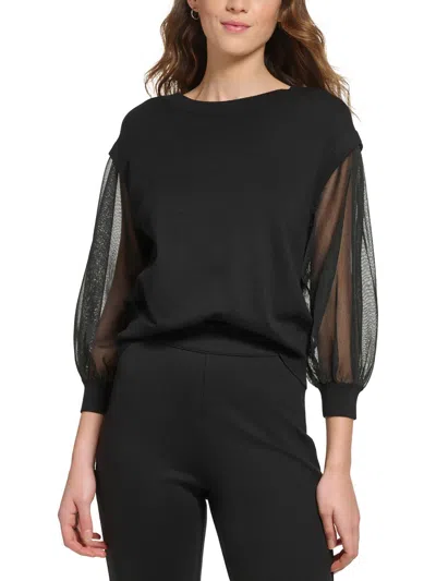 Shop Dkny Womens Ribbed Trim Mixed Media Blouse In Black